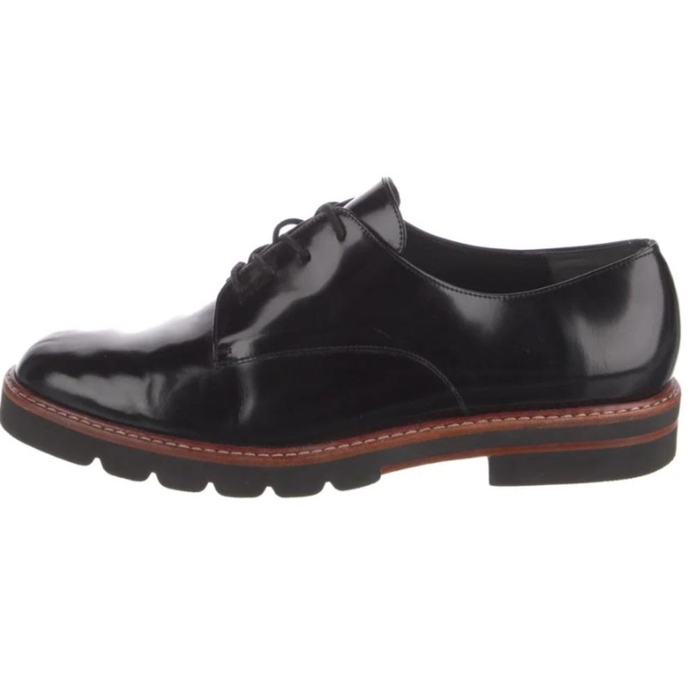 Stuart Weitzman Black Patent Leather Oxfords Brown Stripe Soles Shoes Size 7.5 - Picture 2 of 14